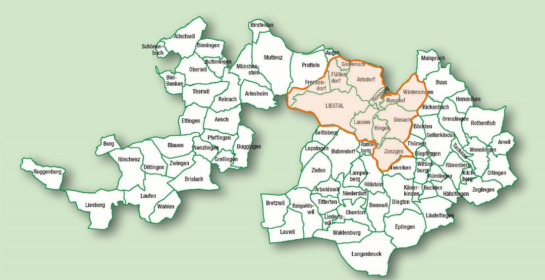 Karte der Gemeinden des Bevölkerungsverbands Argantia im Kanton Basel-Landschaft